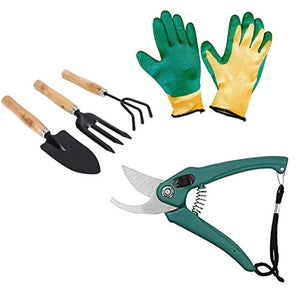 BulkySellers Gardening Tools - Falcon Gloves, Flower Cutter/Scissor & Garden Tool Wooden Handle (3pcs-Hand Cultivator, Small Trowel, Garden Fork)