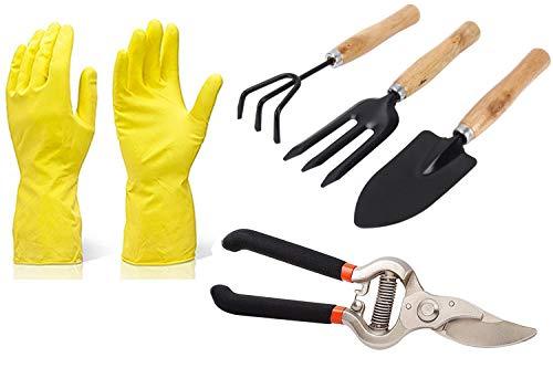 BulkySellers Gardening Tools - Reusable Rubber Gloves, Pruners Scissor(Flower Cutter) & Garden Tool Wooden Handle (3pcs-Hand Cultivator, Small Trowel, Garden Fork)