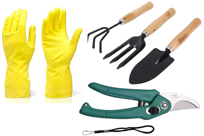 BulkySellers Gardening Tools - Reusable Rubber Gloves, Flower Cutter & Garden Tool Wooden Handle (3pcs-Hand Cultivator, Small Trowel, Garden Fork)